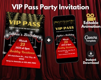 Editable VIP Pass party invitation template, Printable Red Carpet VIP Pass invite, Hollywood VIP pass party invitation card canva template