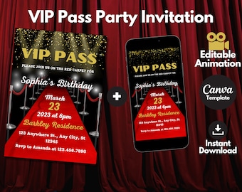 Red Carpet VIP Pass Invitation Template, Hollywood Party (Canva Template)
