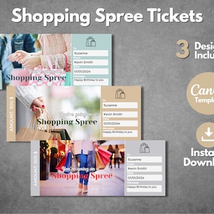 Druckbare Shooping Spree Überraschungsticket-Vorlage, bearbeitbare Shopping Day Gutschein Vorlage, Shooping Trip Ticket Einladung, Canva Vorlage