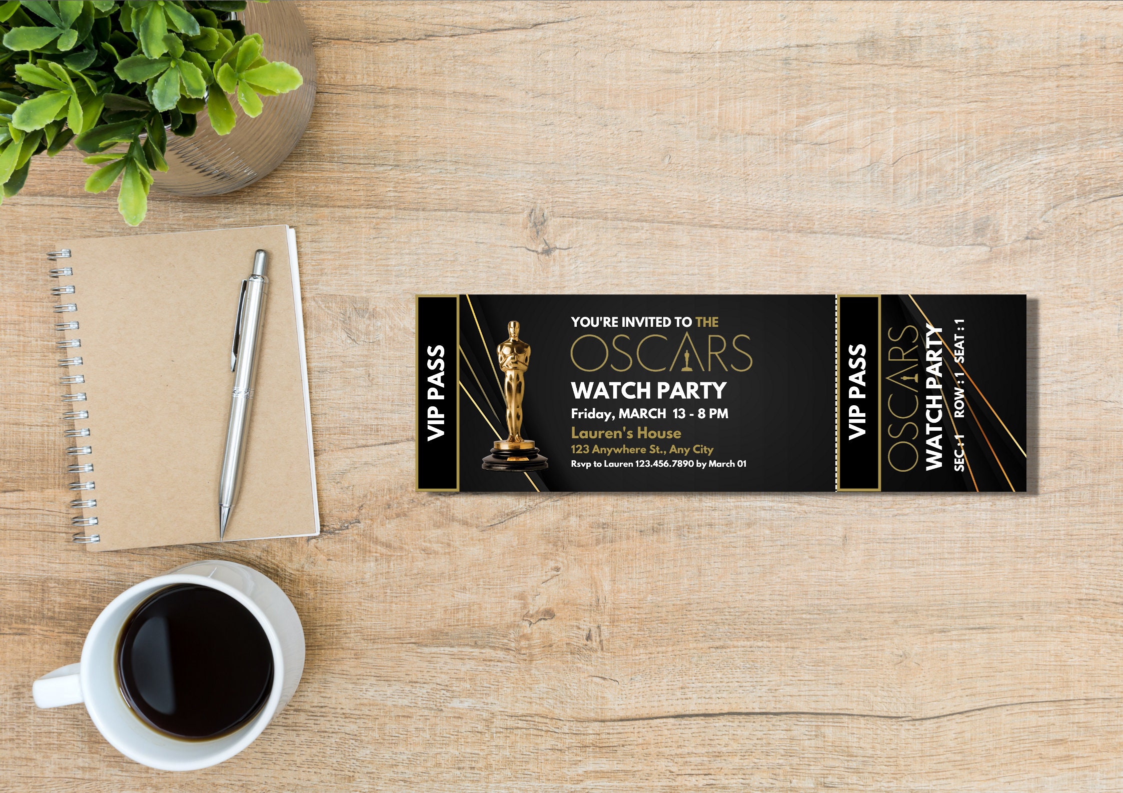 Editable Oscars Party Ticket Invitation Template, Printable Red Carpet Watch Party Pass Invite