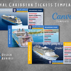 Plantillas editables de boletos sorpresa para cruceros de Royal Caribbean, plantillas imprimibles de tarjetas de embarque de Royal Caribbean, invitación a vales de regalo para cruceros