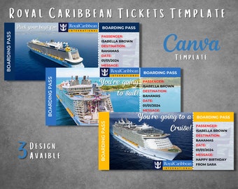 May include: Three blue and yellow printable boarding passes for a cruise with a picture of a cruise ship on each pass. The text on the passes reads "Boarding Pass", "Passenger: Isabella Brown", "Destination: Bahamas", "Date: 01/01/2024", and "Message:". The text on the bottom of the passes reads "Royal Caribbean International".