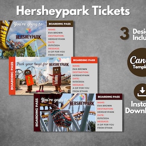 Bearbeitbare Hersheypark Pennsylvania Überraschungsgeschenkticketvorlage, druckbare Hersheypark-Bordkartenvorlage, Hersheypark-Reiseticketpass