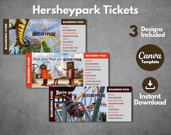 Editable Hersheypark Pennsylvania surprise gift ticket template, Printable Hersheypark boarding pass template, Hersheypark trip ticket pass