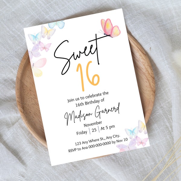 Editable sweet sixteen invitation template, Printable sweet 16 butterflies invite, Sweet 16 butterfly party invitation, Instant download.