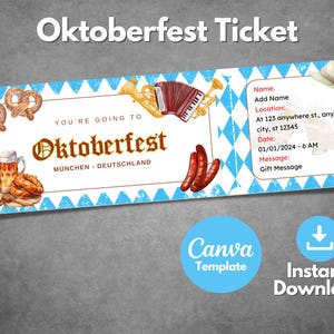 Plantilla de boleto editable para el Oktoberfest, boleto de regalo sorpresa para el Oktoberfest imprimible, invitación personalizada para la fiesta alemana del Oktoberfest, plantilla de Canva