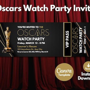 Bewerkbare sjabloon voor uitnodiging voor Oscars-feestkaartje, afdrukbare uitnodiging voor feestpas voor Red Carpet Watch, uitnodiging voor feestkaartje voor Academy Awards-vrienden