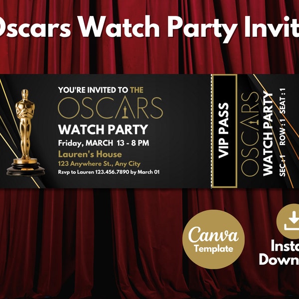 Editable Oscars party ticket invitation template, Printable Red Carpet watch party pass invite, Academy Awards friends party ticket invite