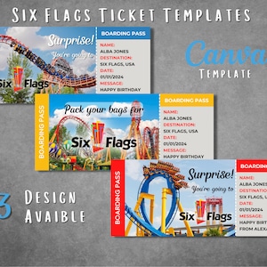 Bearbeitbare Six Flags Überraschungsticket-Vorlage, druckbare Six Flags Bordkartenvorlage, Six Flags Parks Urlaubsreise Geschenkticket