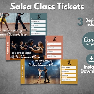 May include: Three Salsa Dance Class ticket designs are shown, each with a different image of dancers. The tickets include fields for the recipient's name, sender, date, and a message. The text "Salsa Class Tickets" is at the top.