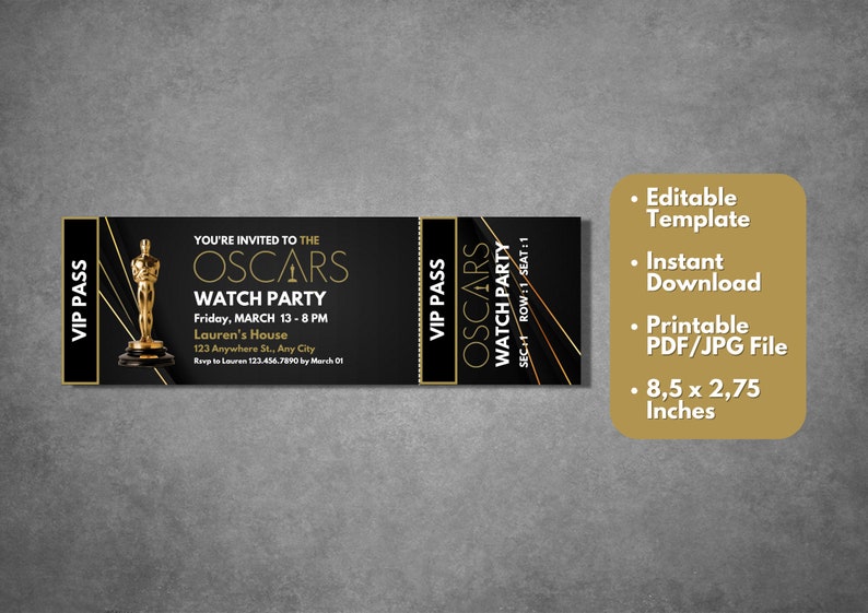 Editable Oscars Party Ticket Invitation Template, Printable Red Carpet ...