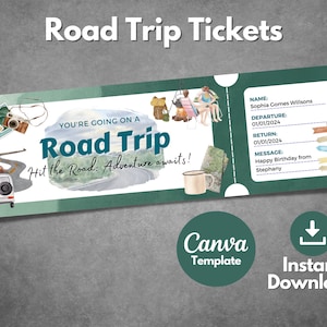 Plantilla de billete de viaje por carretera editable, billete de regalo sorpresa de viaje por carretera imprimible, vale de invitación de viaje por carretera, plantilla Canva