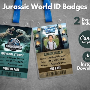 Plantilla editable de insignias de identificación de Jurassic World, plantilla de pase de identificación de visitante de Jurassic World imprimible, pase VIP de regalo de viaje de vacaciones de Universal Studios