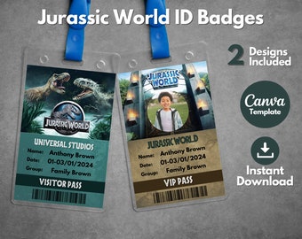 Editable Jurassic World ID Badges template, Printable Jurassic World Visitor ID pass template, Universal Studios vacation trip gift VIP pass