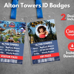 Bewerkbare Alton Towers ID Badges-sjabloon, afdrukbare Alton Towers bezoekers-ID-passjabloon, Alton Towers UK vakantiereis cadeau VIP-pas