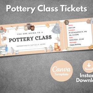 May include: A printable ticket for a pottery class. The ticket is peach colored with a watercolor design of pottery and tools. The text on the ticket says "You are going to a Pottery Class. Important details here." The ticket also includes a space for the name, location, date, and a message. The text on the ticket says "Name: Joan Lee, Location: At 123 anywhere st., any city, st 12345, Date: 01/01/2024 - 10 AM, Message: Happy Birthday."