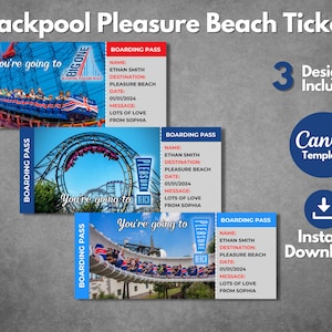 Bearbeitbare Blackpool Pleasure Beach-Überraschungsticket-Vorlage, druckbare Pleasure Beach-Bordkartenvorlage, Pleasure Beach-Urlaubsreise