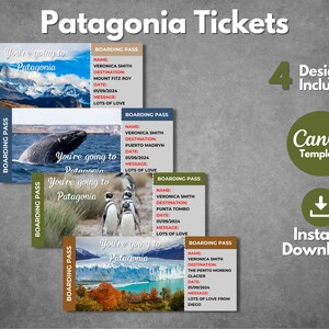 Modello di biglietto a sorpresa per la Patagonia modificabile, buono stampabile per carta d’imbarco per viaggi in Patagonia, modello Canva di biglietto regalo Argentina-Cile