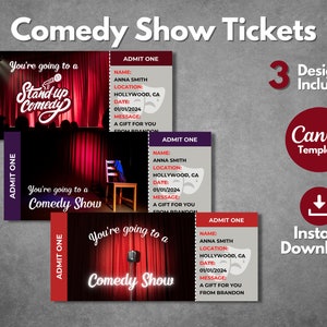 Puede incluir: Tres diseños de entradas para espectáculos de comedia imprimibles con texto rojo, blanco y negro. Los boletos dicen "You're going to a Comedy Show" y tienen un micrófono, una silla y dos máscaras de teatro. El texto "ADMIT ONE" está en cada boleto. Los boletos son plantillas de Canva y están disponibles para descarga instantánea.