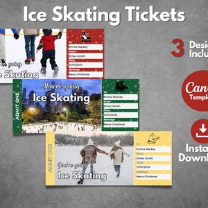May include: Three printable ice skating ticket designs. Each ticket has a different background image and says "You're going ice skating". The tickets have fields for "To", "From", "Date", and "Message".