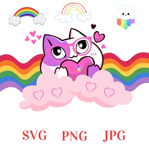 SVG Chat Rose Lunettes de Soleil et Cœur Arc-en-ciel! Téléchargeable, Idéal pour Scrapbooking, Décoration. Parfait Cadeau pour Fille!"