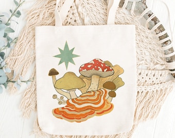 Mushroom Tote Bag, Cottagecore Bag, Mystical Mushrooms Reusable Bag, Vegan Shoulder Bag, Botanical Tote Bag, Mushroom Lover Gift Tote Bag