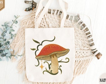 Mushroom Plant Floral Tote Bag, Mushrooms Canvas Tote Bag, Aesthetic Cute Shopping Bag, Vintage Women Shoulder Bag, Eco Friendly Grocery Bag