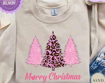 Pink Tree Christmas Sweatshirt, Pink Christmas Sweater, Merry Christmas Pink Tree Sweatshirt, Womens Holiday Sweater, Cute Christmas Sweater