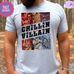 May include: A heather light grey t-shirt with a graphic of Disney villains. The text "Chillin' like a Villain" is printed on the shirt.
