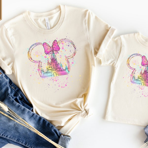 Chemise aquarelle Disney, chemise oreilles de Minnie Disney, chemise princesse Disney, mini chemise assortie maman, voyage de filles Disney, chemise château de princesse