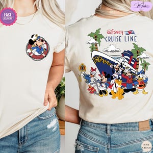 May include: A white t-shirt with a cream colored background featuring a Disney Cruise Line design. The design includes Mickey Mouse, Minnie Mouse, Donald Duck, Goofy, Pluto, and Daisy Duck. The text "Disney Cruise Line" is printed on the shirt.