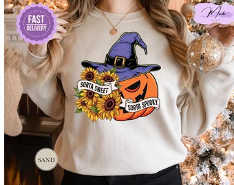 Sorta Sweet Sorta Spooky Funny Halloween Sweatshirt, Halloween Wildflower Sweatshirt, Halloween Pumpkin Sweatshirt, Halloween Sweatshirt
