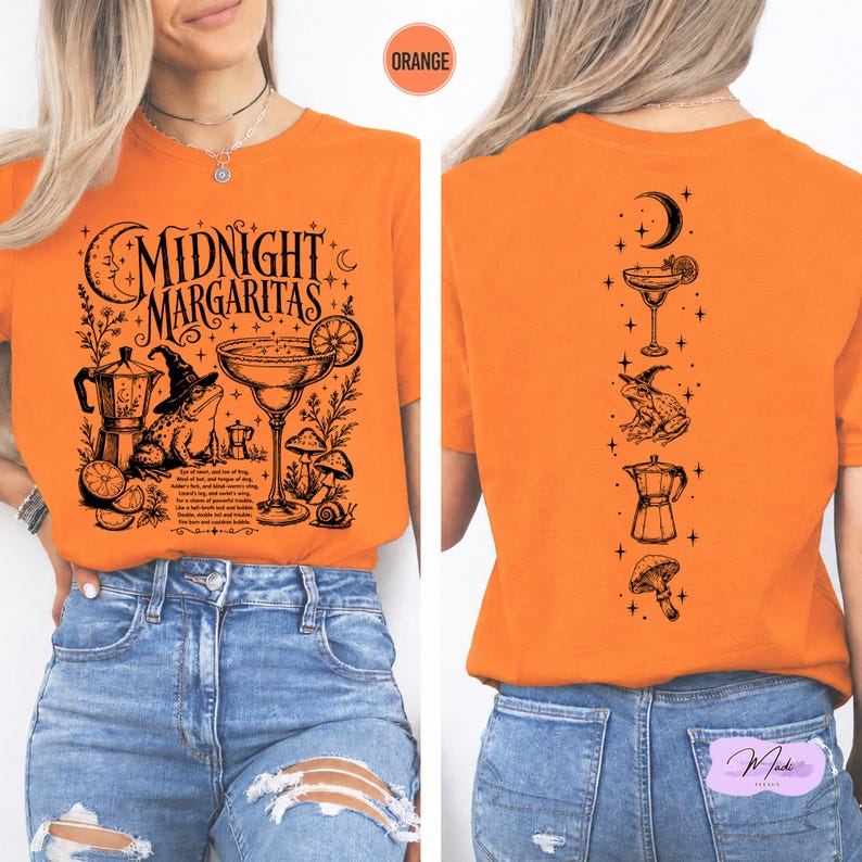 The image is a collage of two images, one showing the front and the other showing the back of an orange t-shirt. The front image features a graphic design of a margarita glass with various objects and text, while the back image shows the same design on the back of the t-shirt.