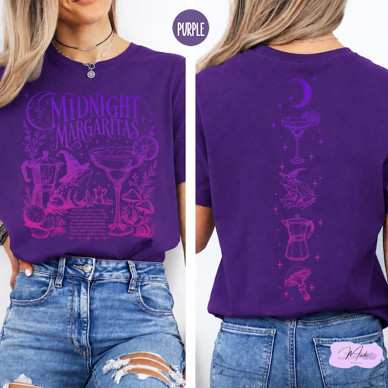 a woman wearing a purple t-shirt with a graphic design of a margarita on it.