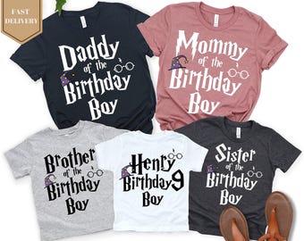 May include: A collection of t-shirts in various colors, each with a unique design. The shirts feature text such as "Daddy of the Birthday Boy," "Mommy of the Birthday Boy," and "Henry Birthday 9 Boy." The designs include glasses and a wizard hat.