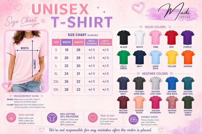 The image is a size chart for a unisex t-shirt, providing measurements and color options for customers to choose from.