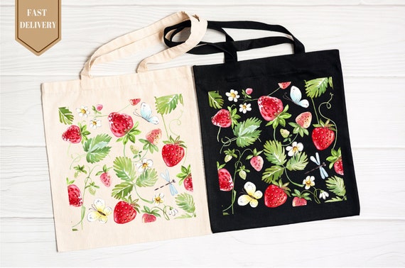 Strawberry Tote Bag Strawberry Lover Gift, Spring Tote Bag, Shopper Summer Bag, Eco Friendly Bag, Reusable Grocery Tote, Farmers Market Bag