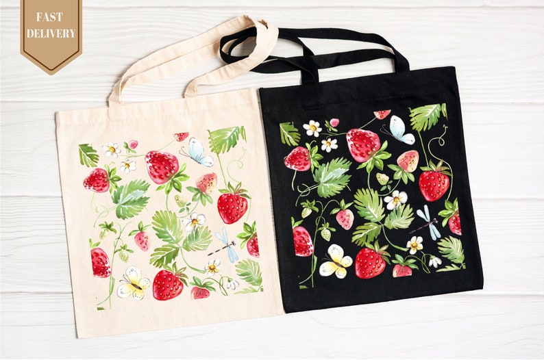 Strawberry Tote Bag Strawberry Lover Gift, Spring Tote Bag, Shopper Summer Bag, Eco Friendly Bag, Reusable Grocery Tote, Farmers Market Bag Bild 1