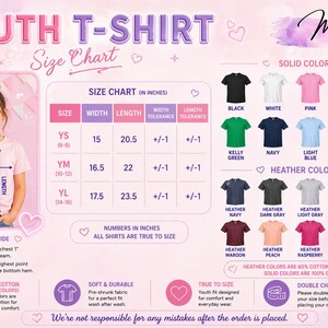 The image is a size chart for a youth t-shirt, providing measurements and color options for different age groups.