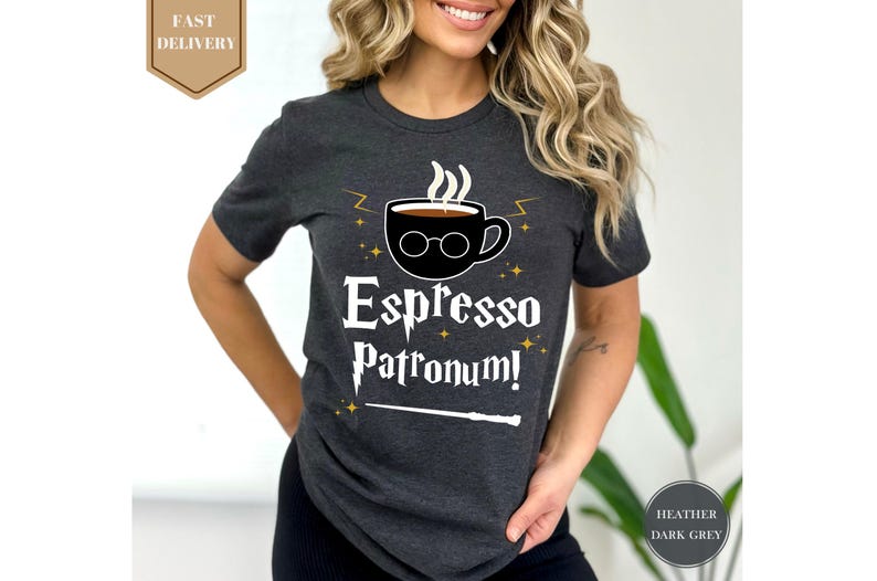 a woman wearing a t - shirt that says espresso patronum