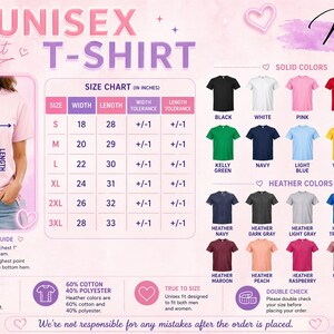 The image is a size chart for a unisex t-shirt, providing measurements and color options for customers to choose from.