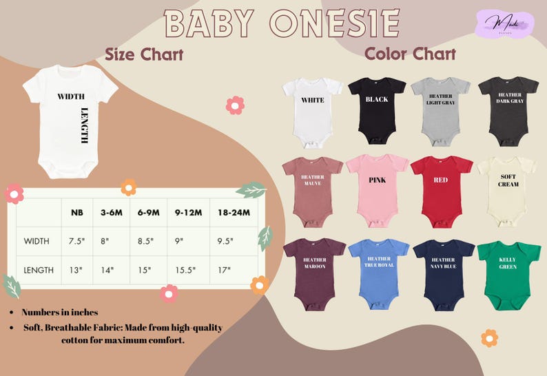 a baby onesie is shown with different colors and sizes