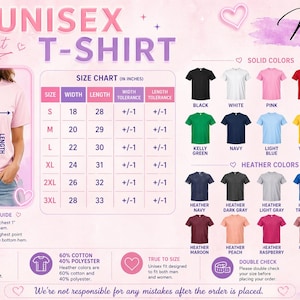 The image is a size chart for a unisex t-shirt, providing measurements and color options for customers to choose from.