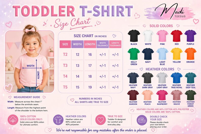 The image is a size chart for a toddler t-shirt, providing measurements and color options for different age groups.