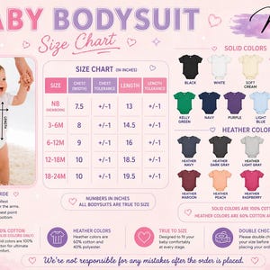 The image is a size chart for baby bodysuits, providing measurements and color options for different age groups.