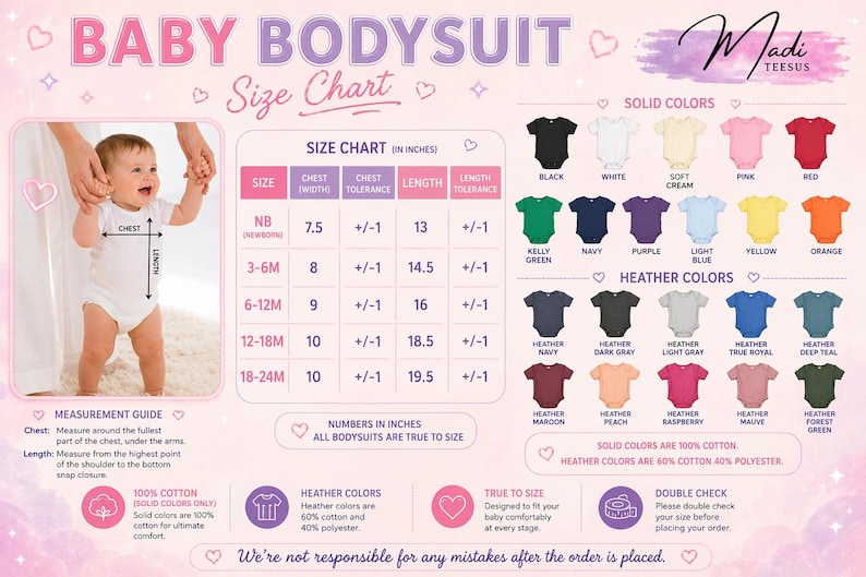 The image is a size chart for baby bodysuits, providing measurements and color options for different age groups.