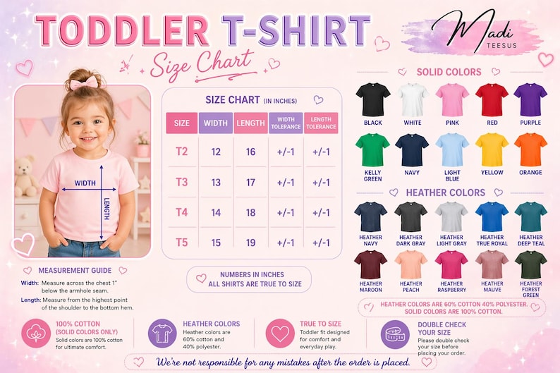 The image is a size chart for a toddler t-shirt, providing measurements and color options for different age groups.