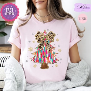 Colorful Coquette Non-Glitter Christmas Tree Shirt, Girly Christmas Tree Shirt, Christmas Coquette Leopard  Bow Merry Christmas T-Shirts