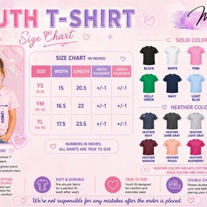 The image is a size chart for a youth t-shirt, providing measurements and color options for different age groups.