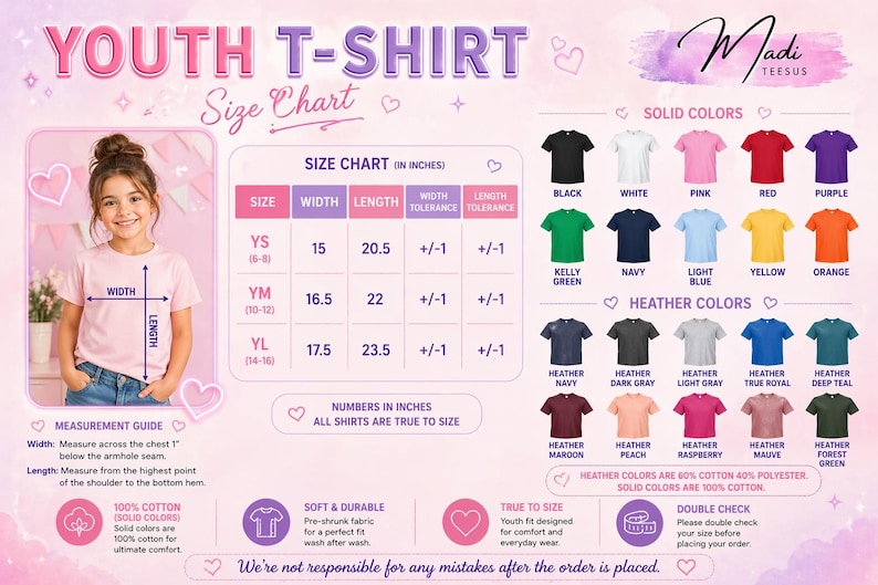 The image is a size chart for a youth t-shirt, providing measurements and color options for different age groups.